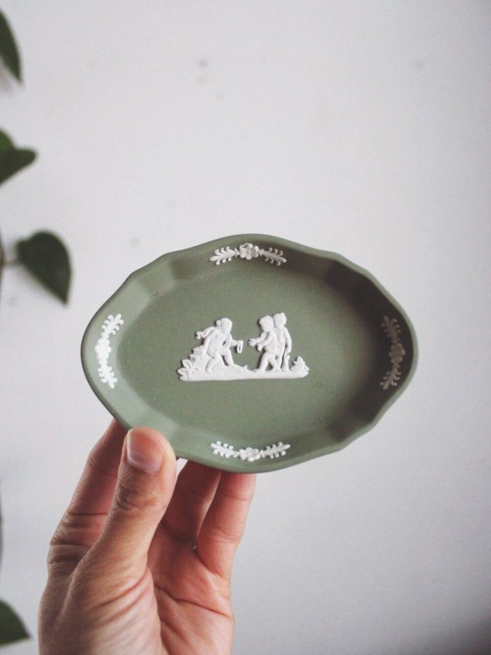 Vintage Wedgwood Sage Green Jasperware Oval Trinket Dish England Cherubs Ceramic